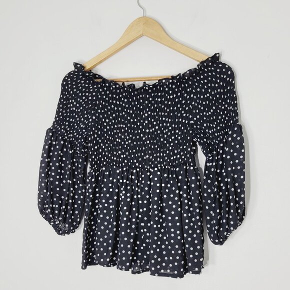 Qed London Women's Black Polka Dot Print Puff Sleeve Off Shoulder Blouse Size XS - Picture 1 of 10